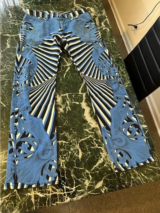 Versace Blue, Black & White Striped Pants - Picture 1 of 3